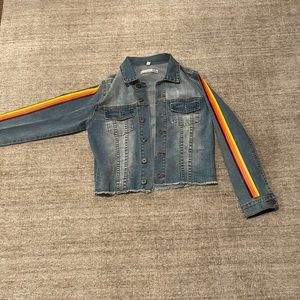 Girls Denim Jacket size Medium Vintage Havana with stripes on the sleeves